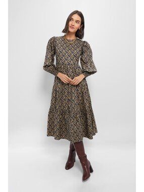 NWT Tuckernuck Hyacinth House Anja in Tan Navy Floral Cotton Midi Dress XXL 2XL